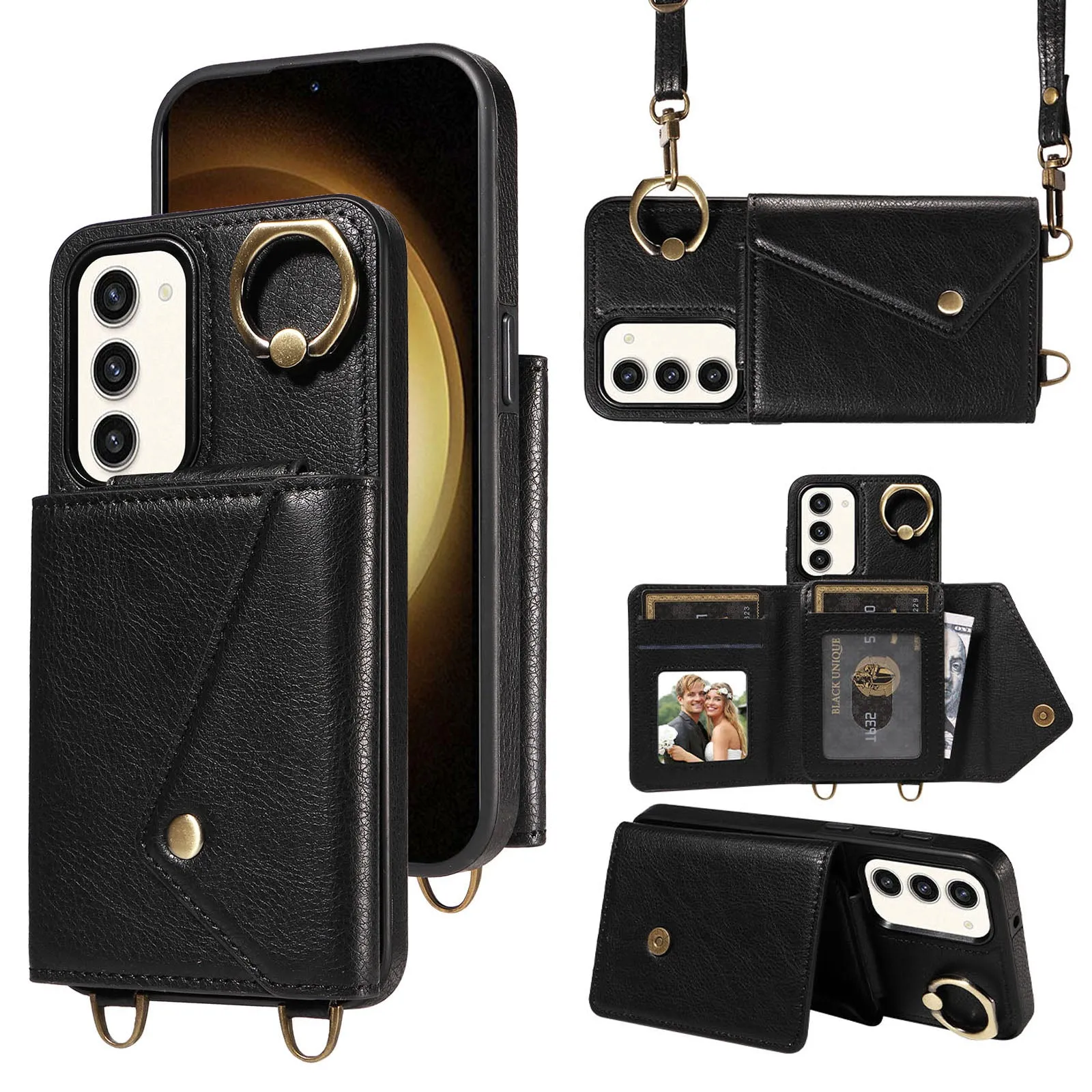 002 For Samsung Galaxy S23  Card Bag Design Ring Kickstand Cellphone Cover Litchi Texture Leather TPU Phone Case with Shoulder Strap