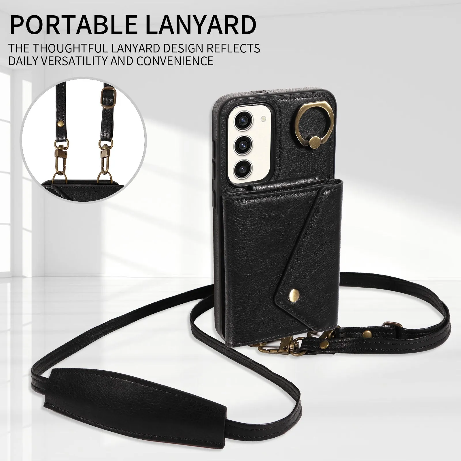 002 For Samsung Galaxy S23  Card Bag Design Ring Kickstand Cellphone Cover Litchi Texture Leather TPU Phone Case with Shoulder Strap