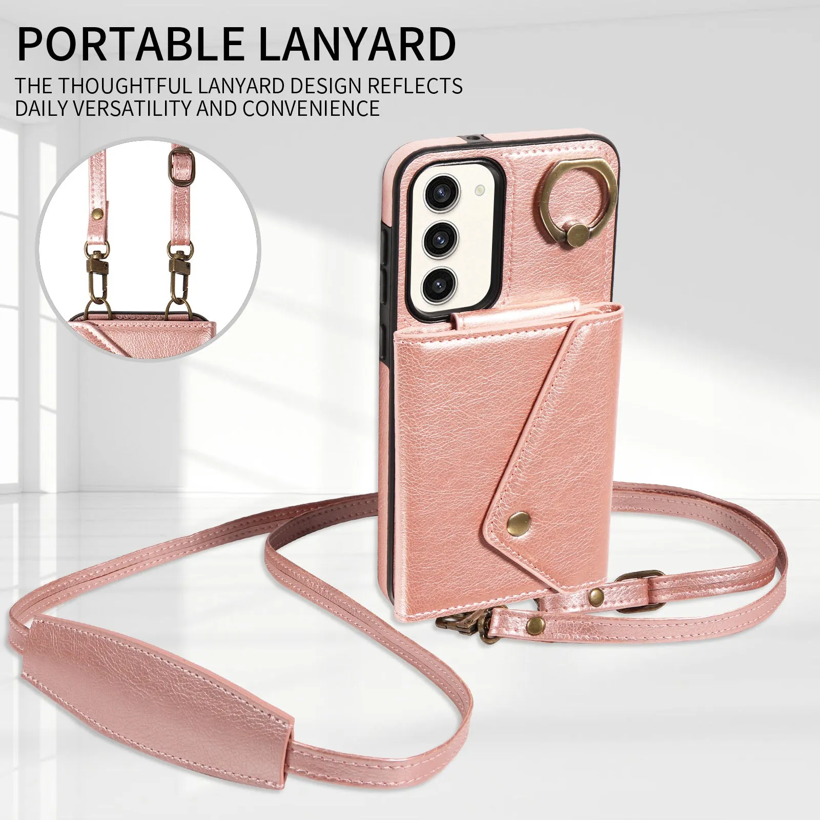 002 For Samsung Galaxy S23  Card Bag Design Ring Kickstand Cellphone Cover Litchi Texture Leather TPU Phone Case with Shoulder Strap