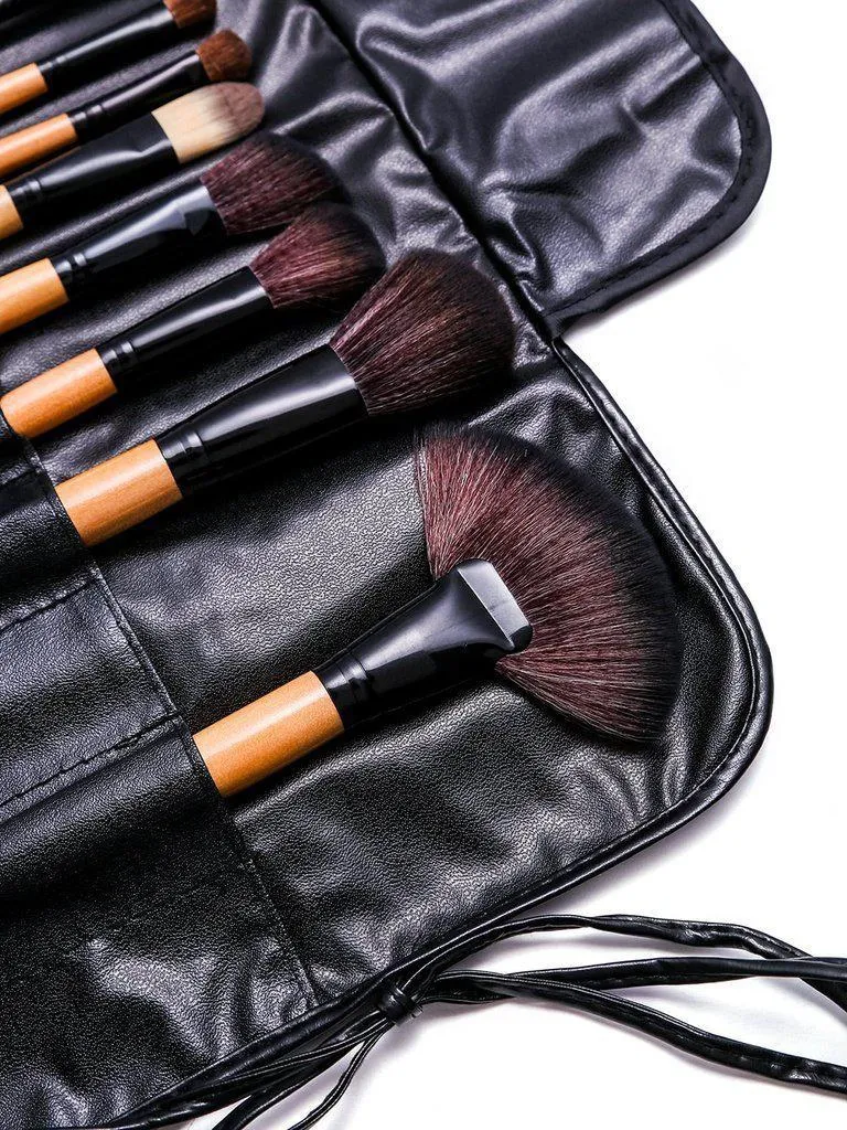 24PCS Natural Brown Professional Makeup Brush Set With Black Bag