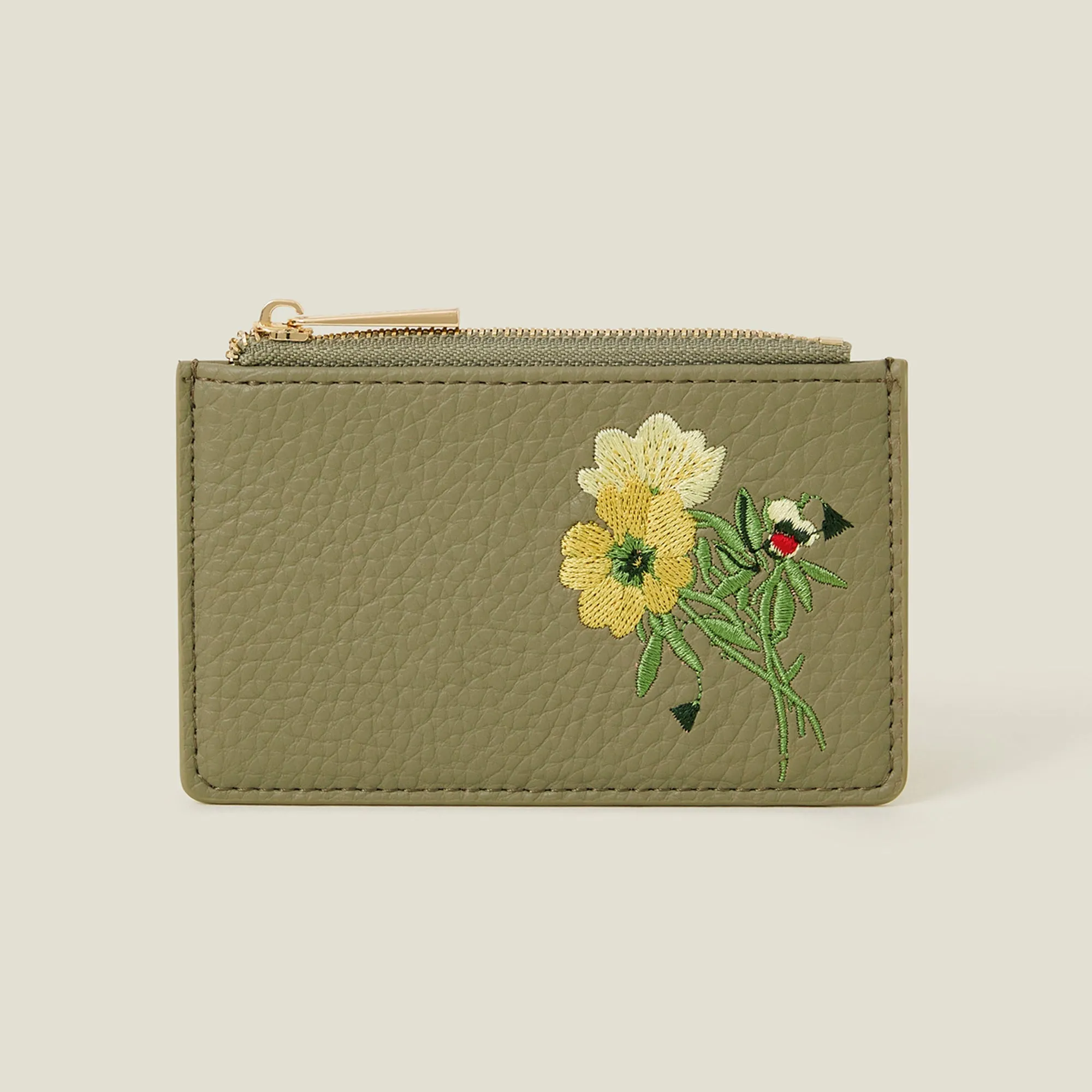 Accessorize London Women's Khaki Embroidered Floral Cardholder