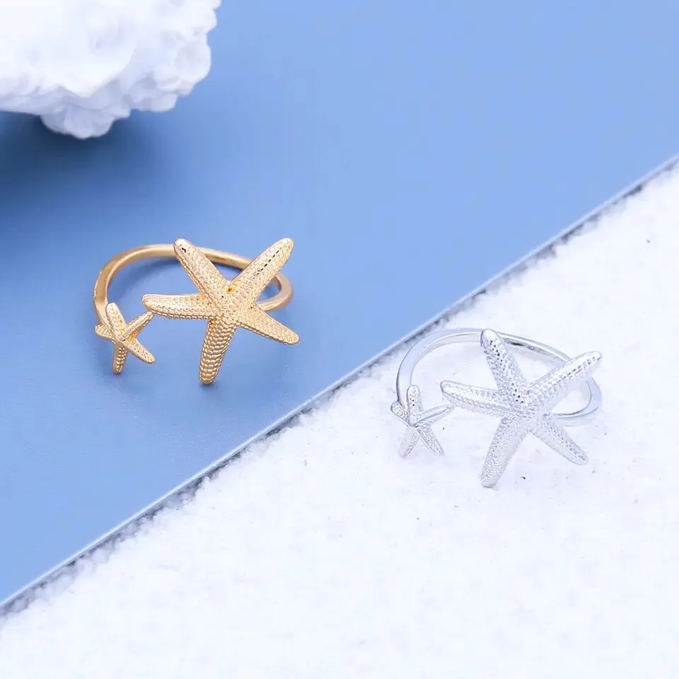 Adjustable Double Starfish Ring for Women - Beach Theme Gift