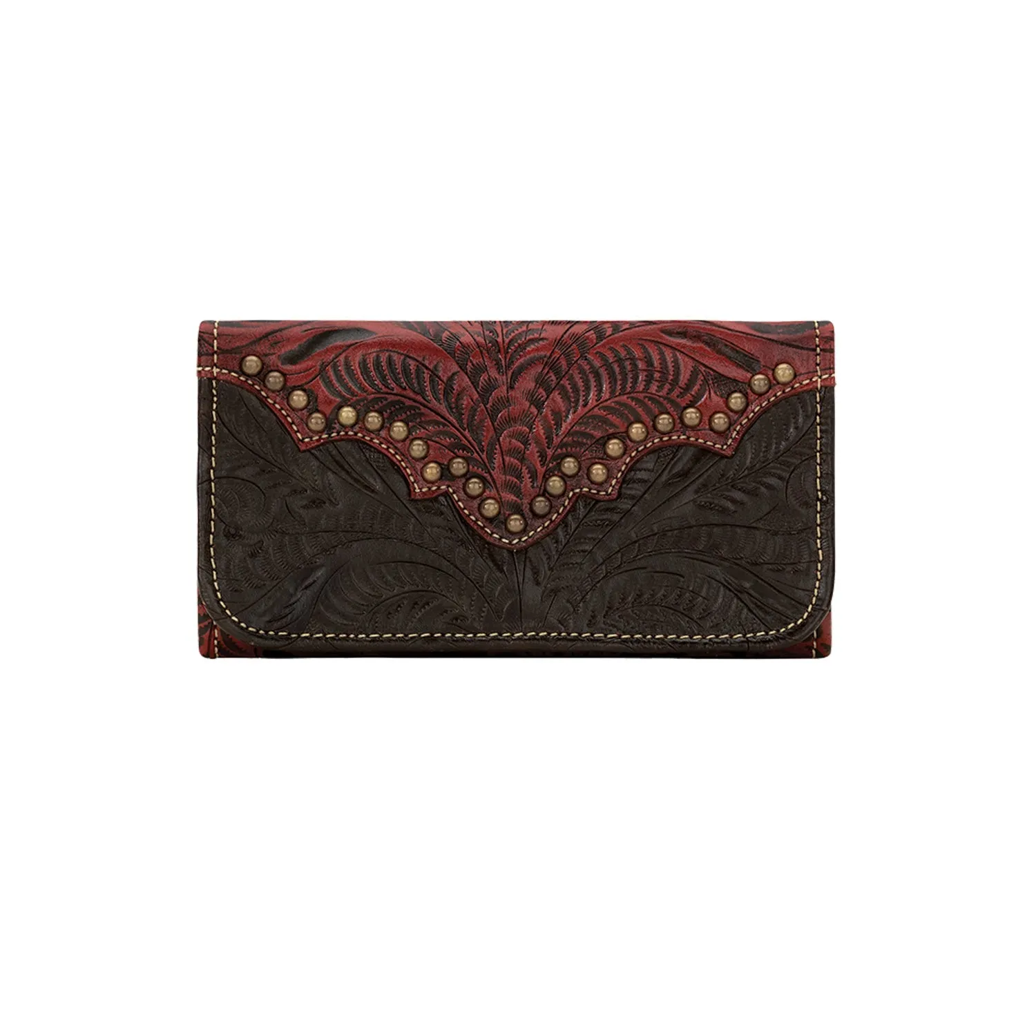 American West Annies Secret Collection Chocolate/Crimson Leather Trifold Wallet