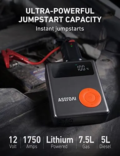 AstroAI Jump Starter with Air Compressor,1750A 12V Battery Jump Starter with 150PSI Digital Tire Inflator, Up to 7.5L Gas & 5.0L Diesel Engines, Visible LCD Screen with Jumper Cable, AC Charger