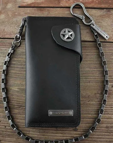 Badass Black Leather Men's Punk Star Long Biker Chain Wallet Long Wallet Chain For Men