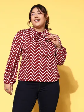 Berrylush Women Plus Size Maroon & White Chevron Pattern Tie-Up Neck Crepe Regular Top