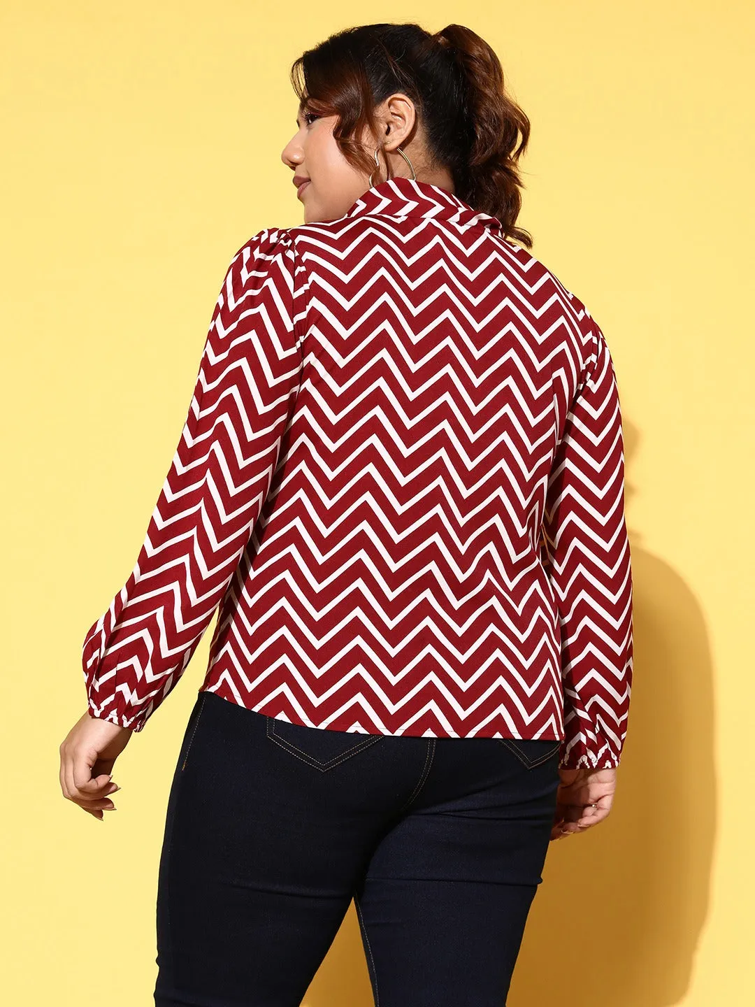 Berrylush Women Plus Size Maroon & White Chevron Pattern Tie-Up Neck Crepe Regular Top