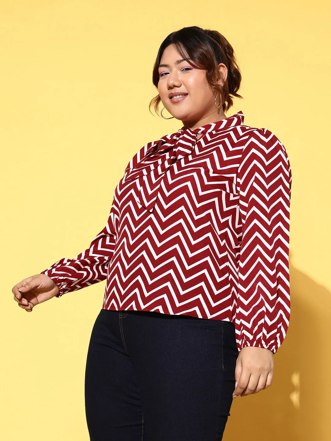 Berrylush Women Plus Size Maroon & White Chevron Pattern Tie-Up Neck Crepe Regular Top