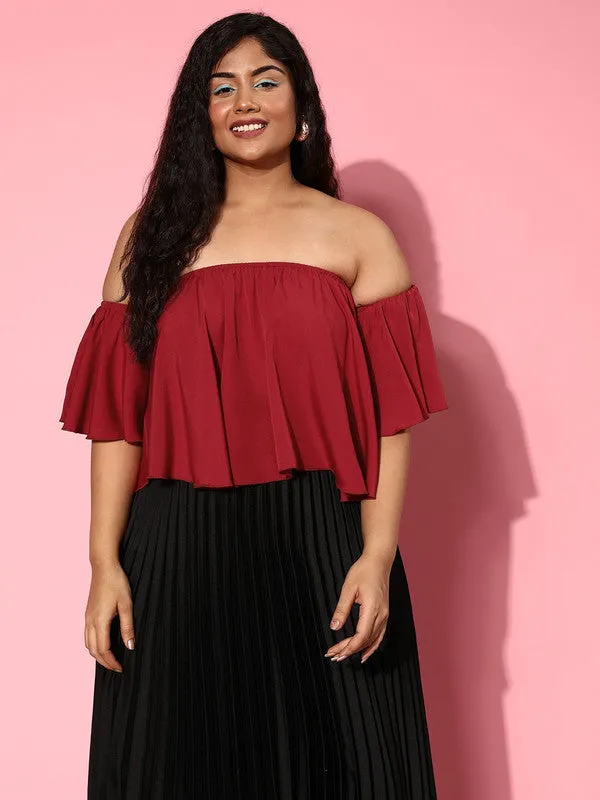 Berrylush Women Plus Size Solid Maroon Off-Shoulder Neck Crepe Ruffled Bardot Crop Top