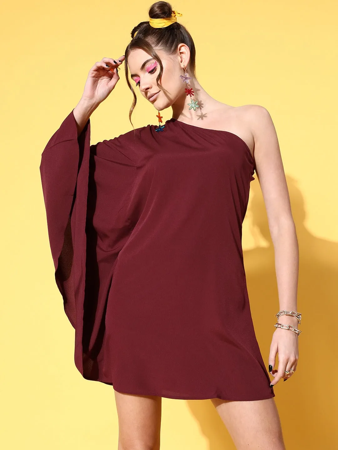 Berrylush Women Solid Maroon One-Shoulder Neck Kimono Sleeve Crepe Kaftan Mini Dress