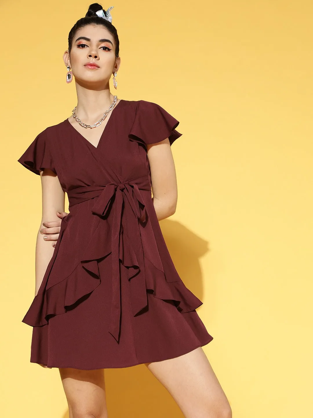 Berrylush Women Solid Maroon V-Neck Waist Tie-Up Crepe Ruffled Fit & Flare Wrap Mini Dress