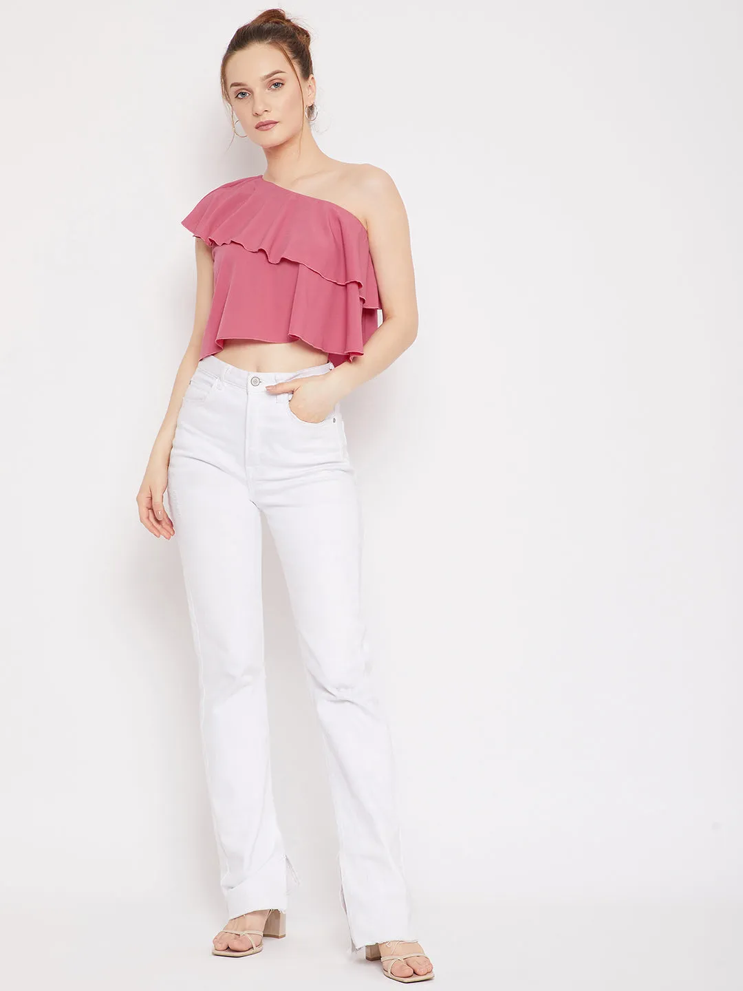 Berrylush Women Solid Pink One-Shoulder Neck Sleeveless Crepe Ruffled Crop Top