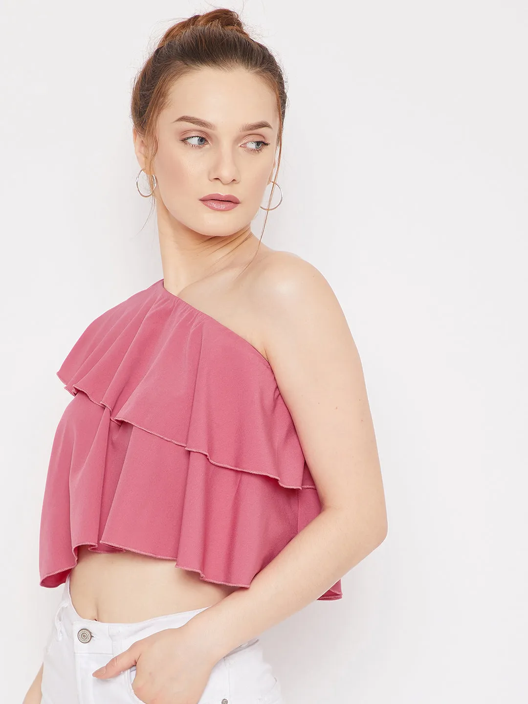 Berrylush Women Solid Pink One-Shoulder Neck Sleeveless Crepe Ruffled Crop Top