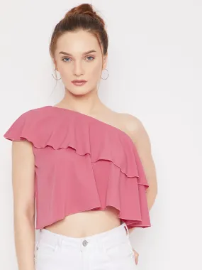 Berrylush Women Solid Pink One-Shoulder Neck Sleeveless Crepe Ruffled Crop Top