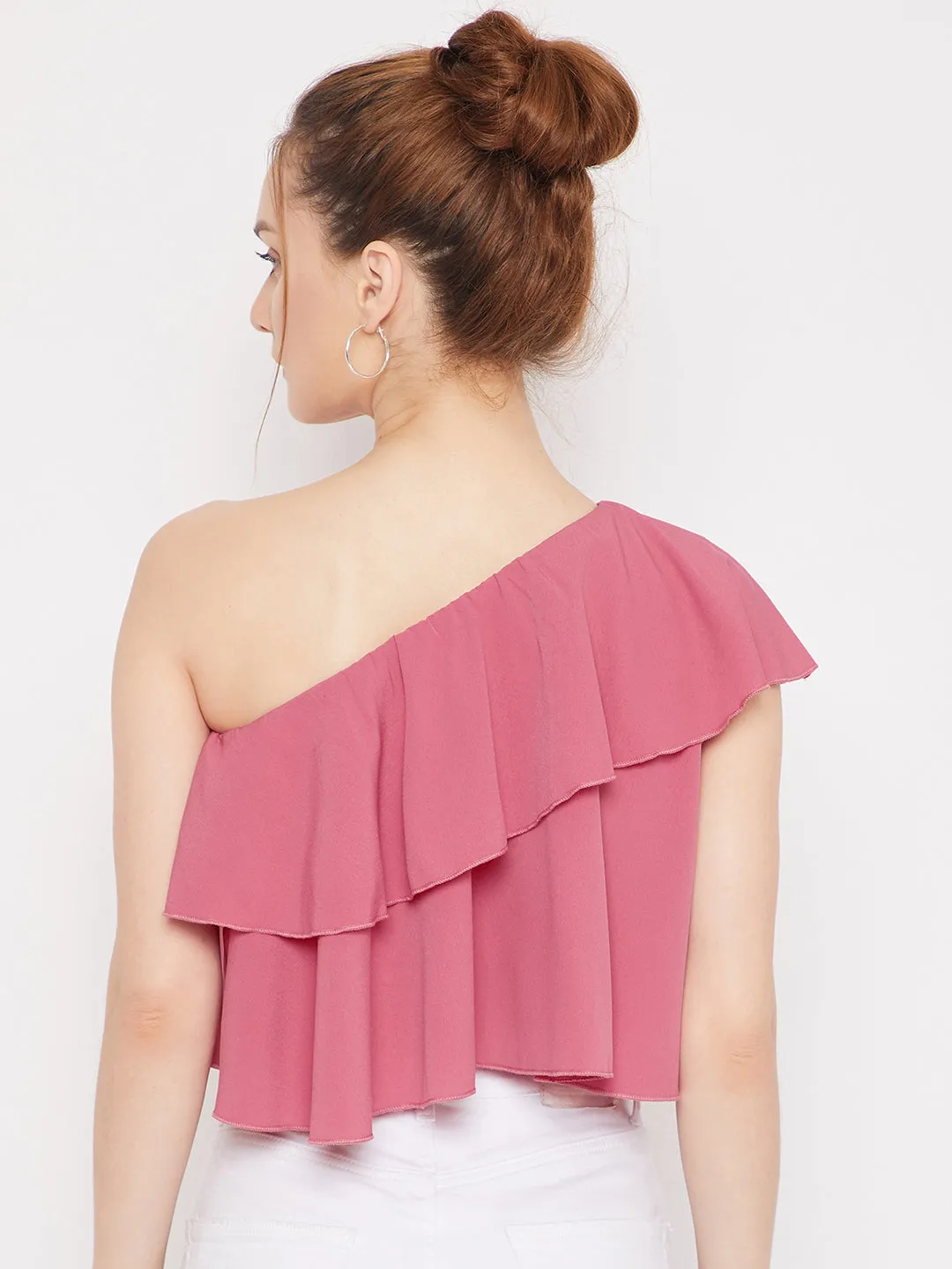 Berrylush Women Solid Pink One-Shoulder Neck Sleeveless Crepe Ruffled Crop Top