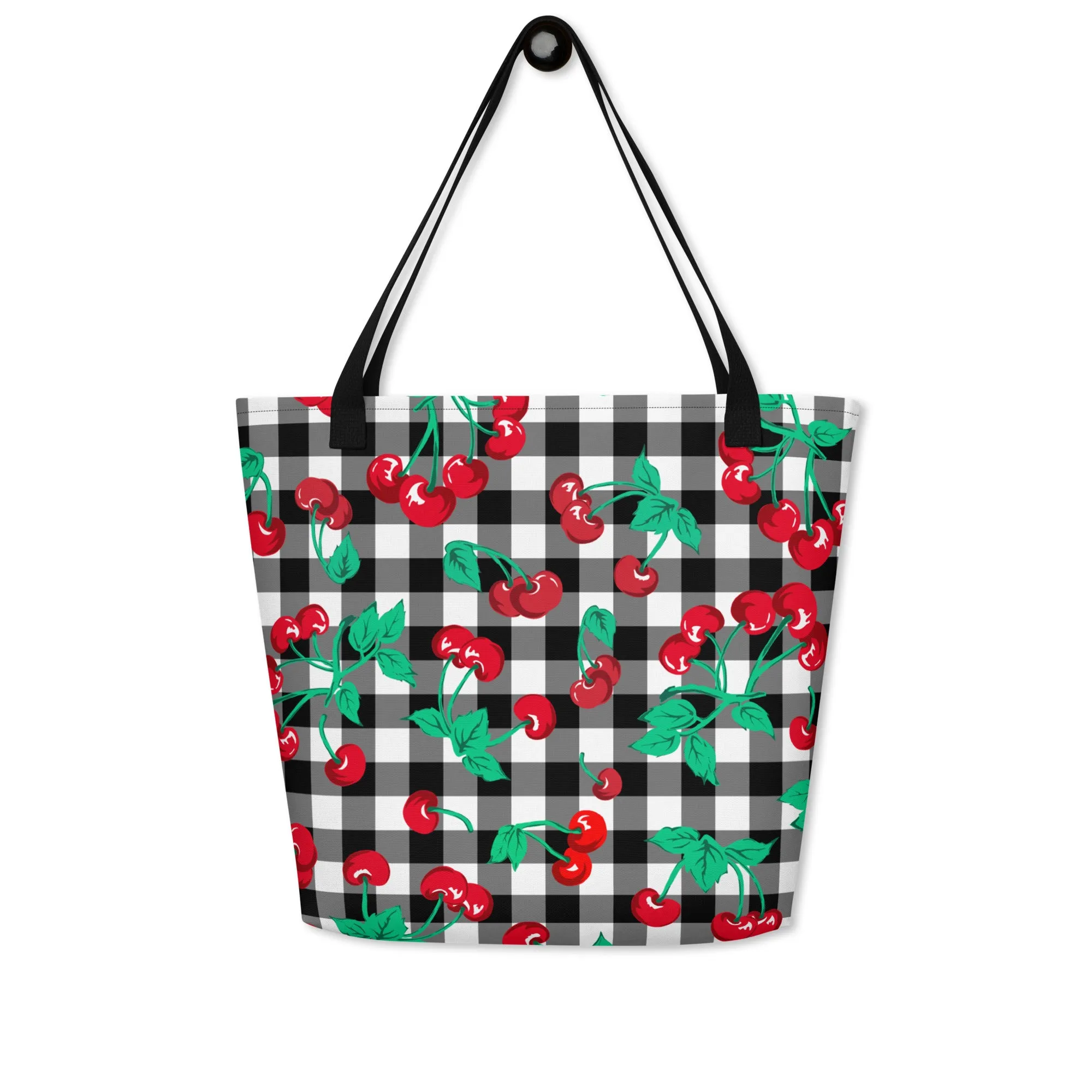 Bethany Cherry Girl Black Gingham Print Oversized Tote Bag | Pinup Couture Relaxed