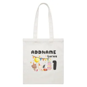 Birthday Friendly Animals Rabbit Bear And Dog Party Addname Turns 1 White Canvas Bag