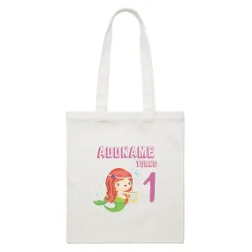 Birthday Mermaid Red Long Hair Mermaid Playing Harp Addname Turns 1 White Canvas Bag