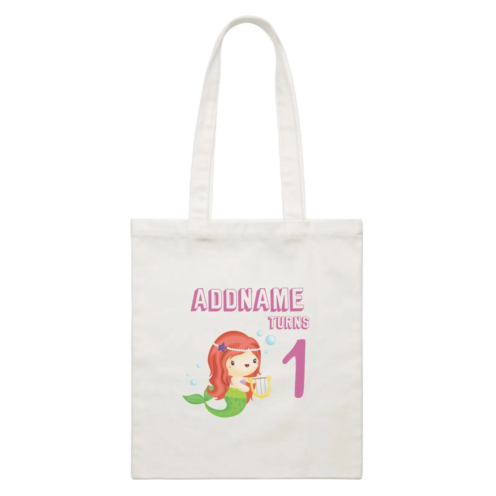 Birthday Mermaid Red Long Hair Mermaid Playing Harp Addname Turns 1 White Canvas Bag