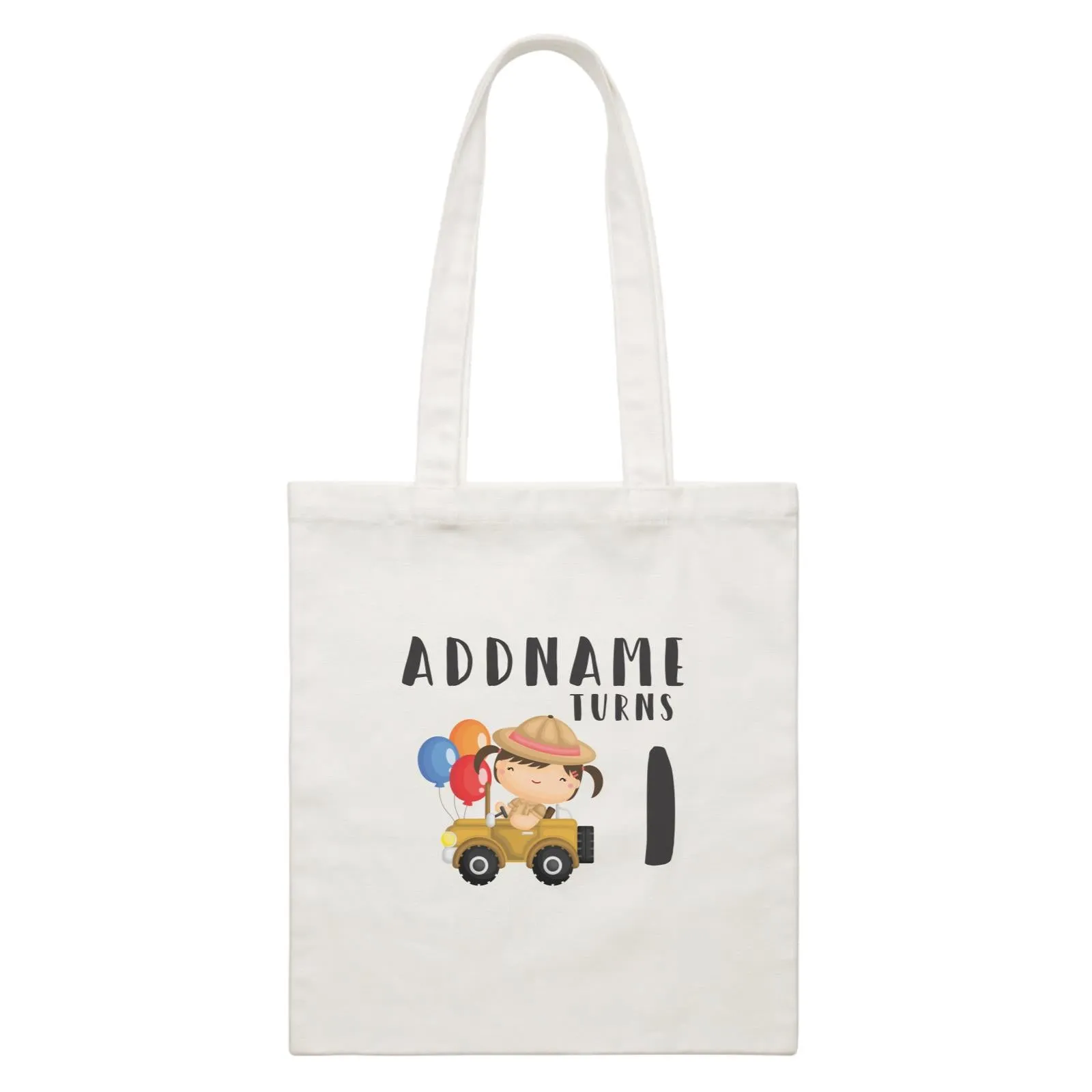 Birthday Safari Explorer Girl Driving Jeep Car Addname Turns 1 White Canvas Bag