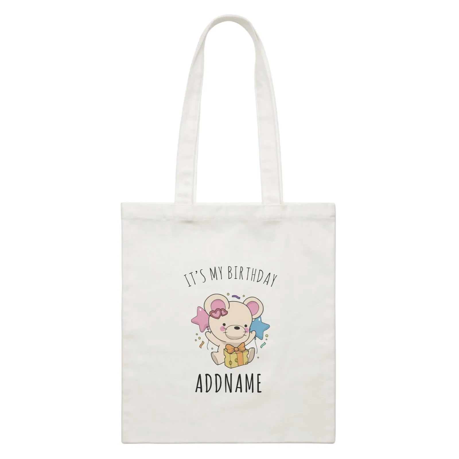 Birthday Sketch Animals Mouse with Cheese Present It's My Birthday Addname White Canvas Bag