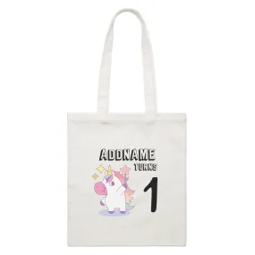 Birthday Unicorn Girl With Magic Wand Addname Turns 1 White Canvas Bag