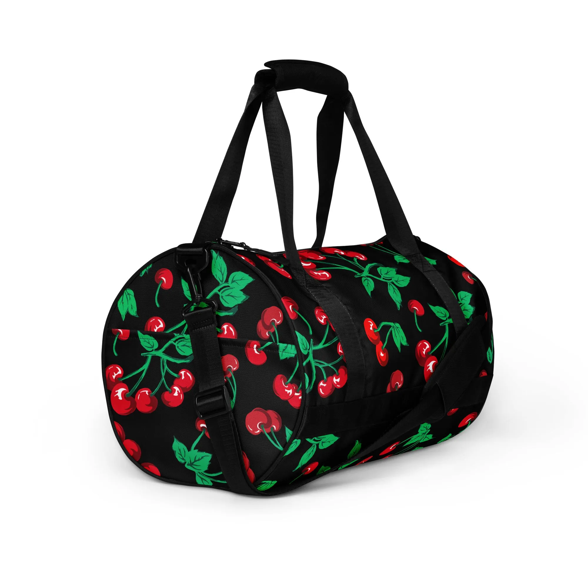 Black Coffee Cherry Girl Gym Duffle Workout Bag | Pinup Couture Relaxed