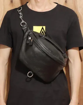 Black MENS LEATHER FANNY PACK BUMBAG Fanny Bag Black WAIST BAGS For Men