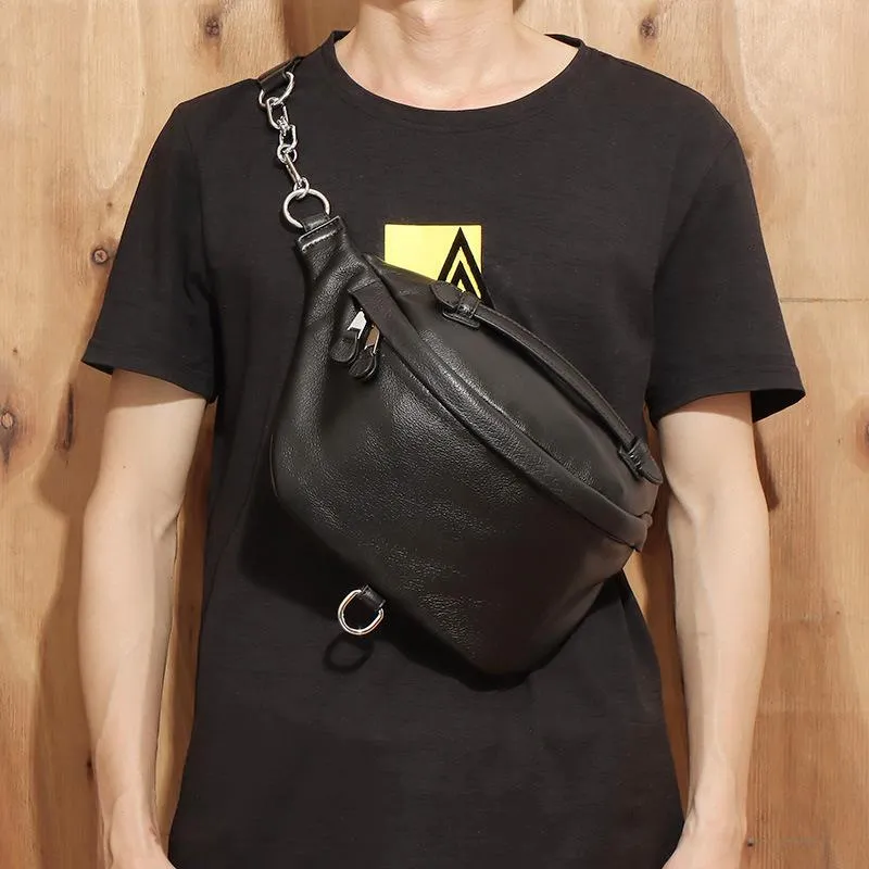 Black MENS LEATHER FANNY PACK BUMBAG Fanny Bag Black WAIST BAGS For Men