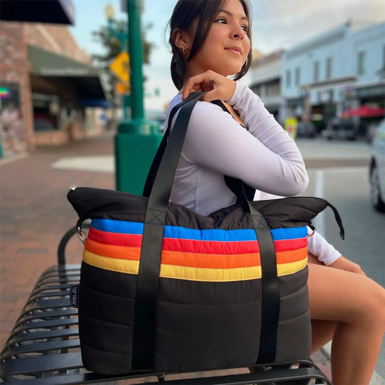 Black Puffer Tote Bag Retro Stripe