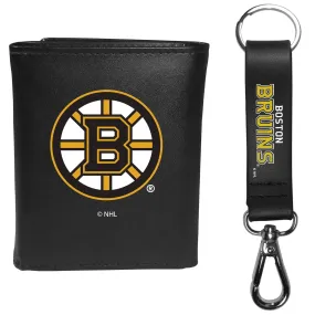 Boston Bruins Leather Tri-fold Wallet & Strap Key Chain