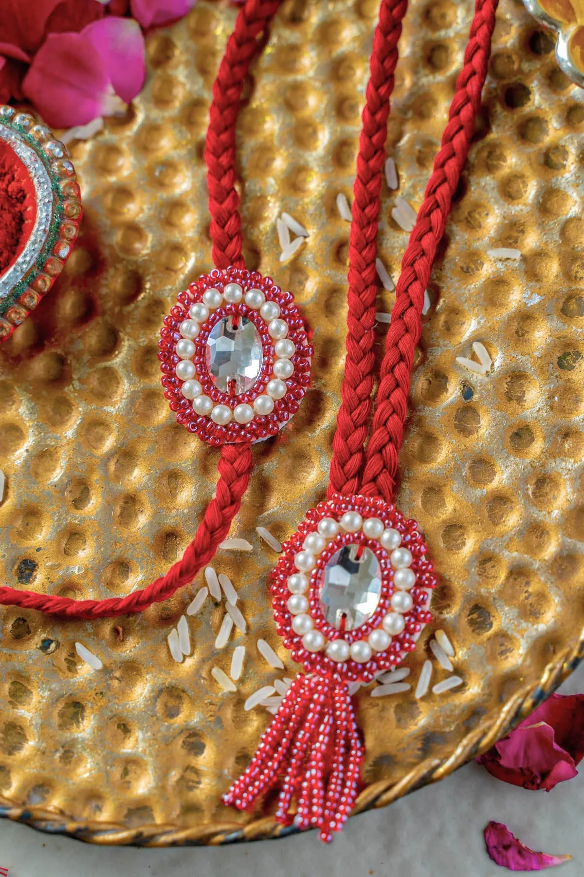 Crimson Charm Embroidered Rakhi and Lumba Set of 2