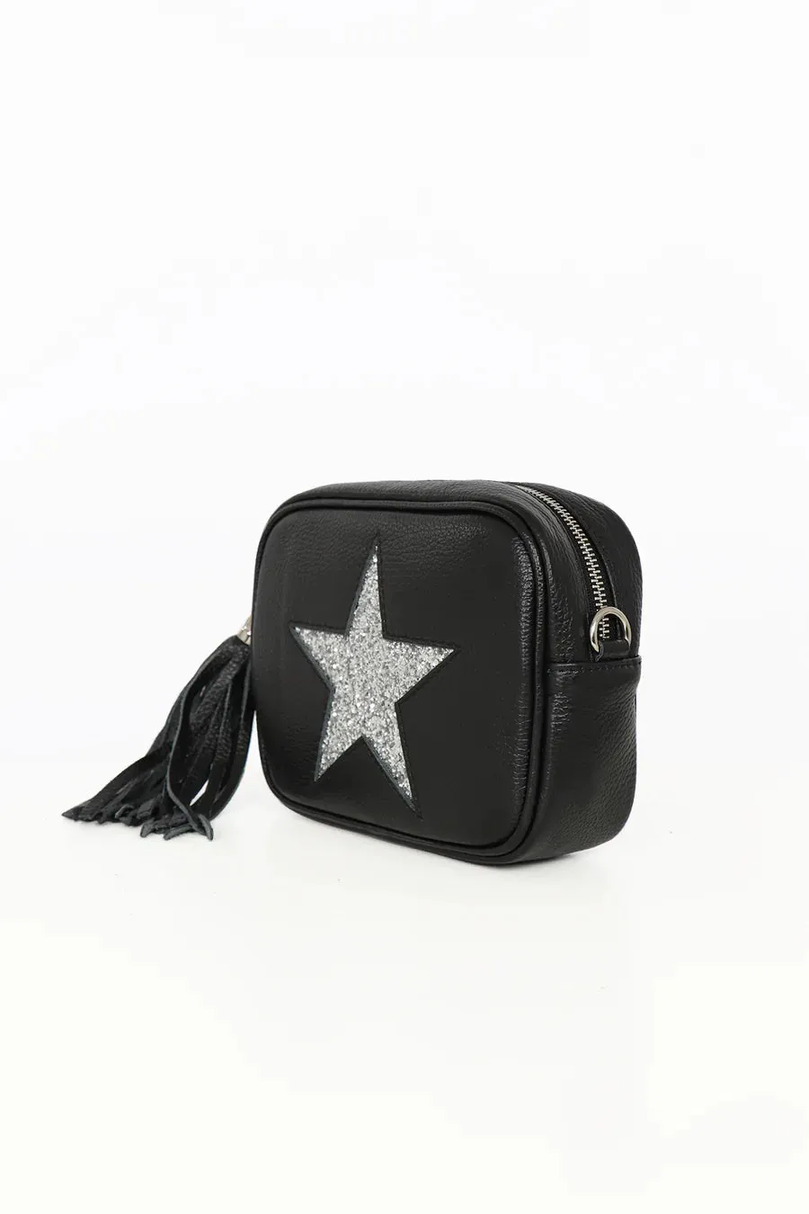 Cross Body Leather Bag Black Glitter Star