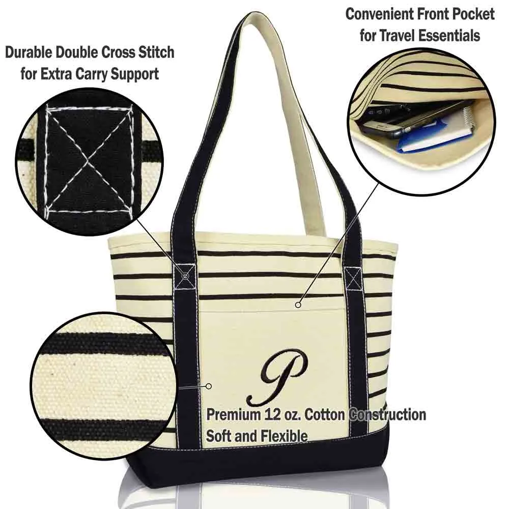 Dalix Striped P-Initial Tote Bag Womens Ballent Letter P