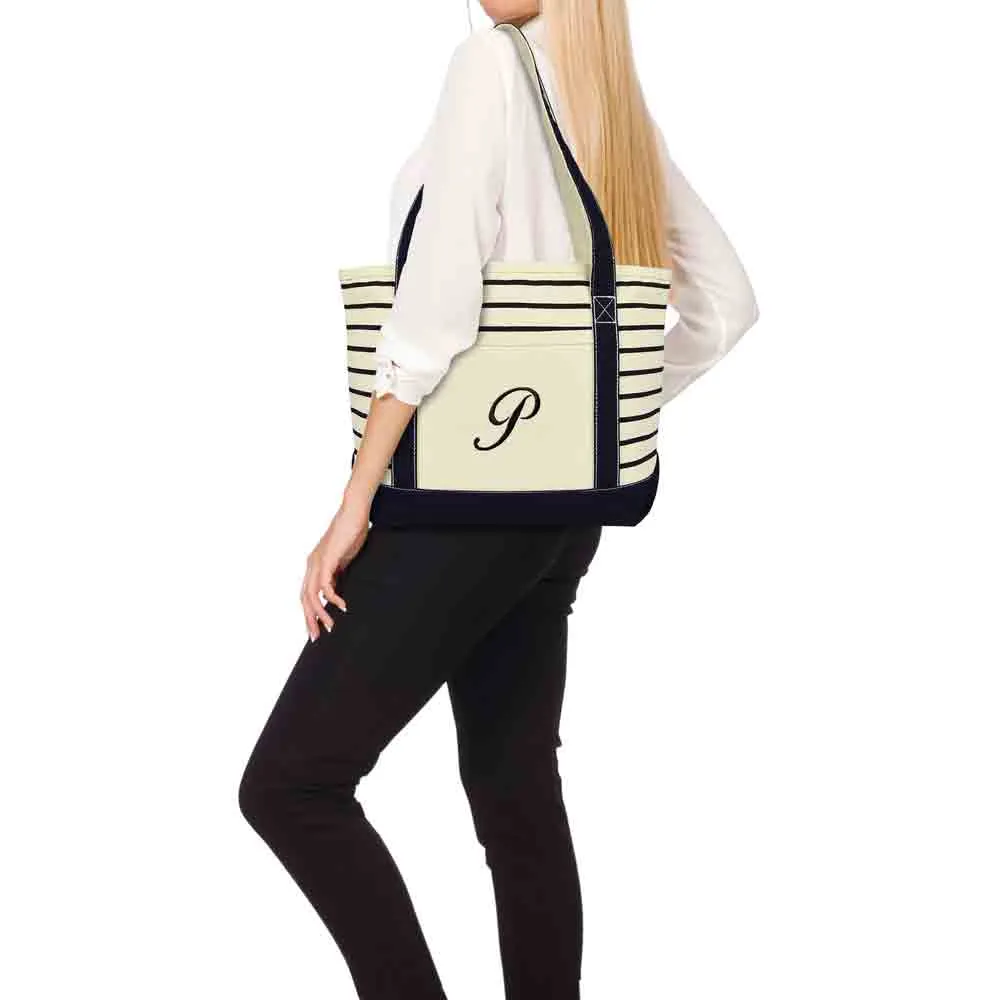 Dalix Striped P-Initial Tote Bag Womens Ballent Letter P