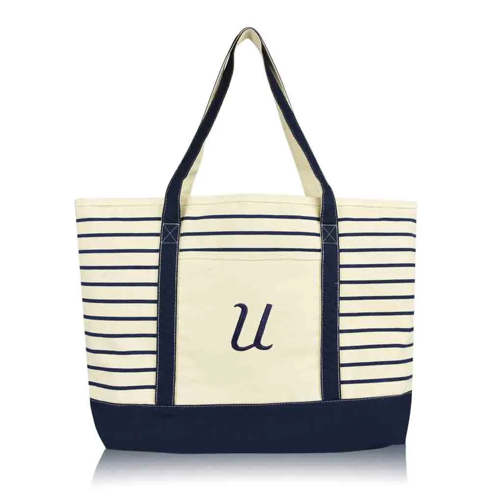 Dalix Striped U-Initial Tote Bag Womens Ballent Letter U