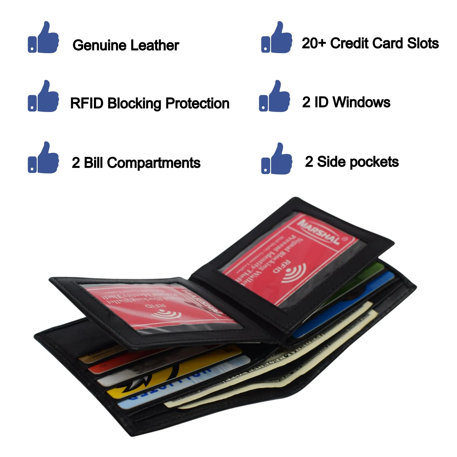 European Hipster Mens Wallet Thick Large Bifold 20 Cards and 2 ID Window, Black, one size RFID2852BK