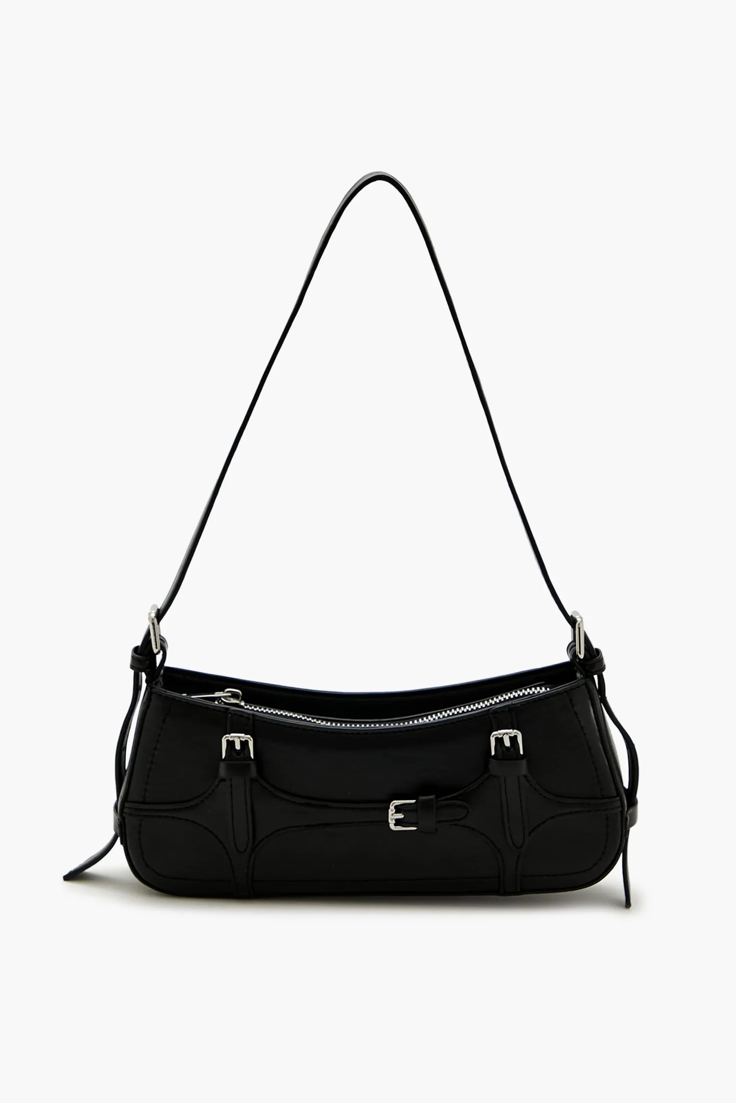 Faux Leather Buckled Baguette Bag