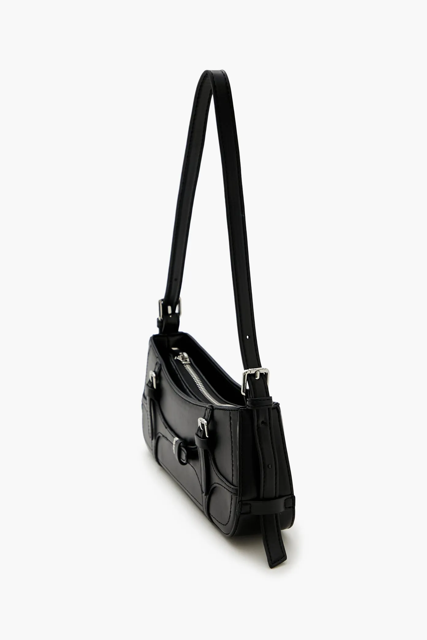 Faux Leather Buckled Baguette Bag