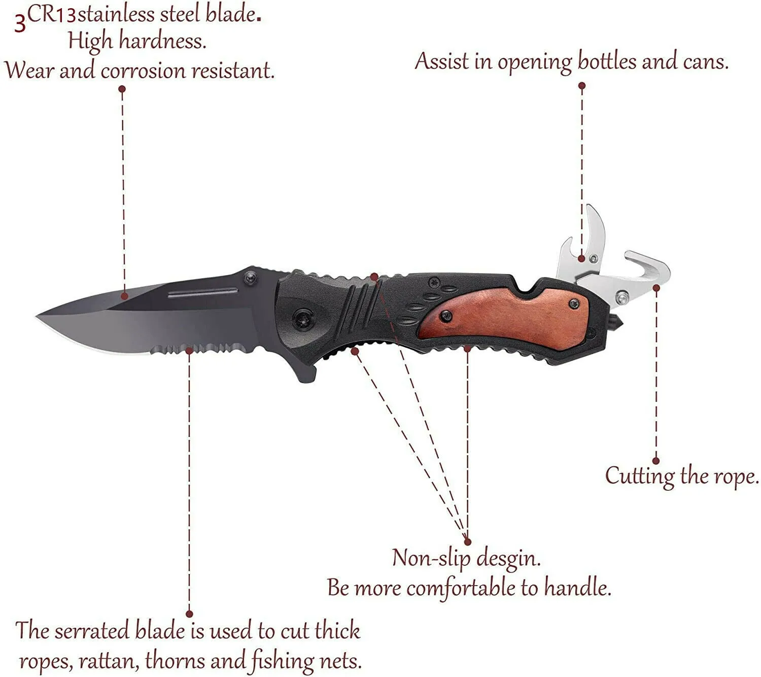 Folding Pocket Knife,Multitool Diving Knife Rope Cutter Bottle Opener