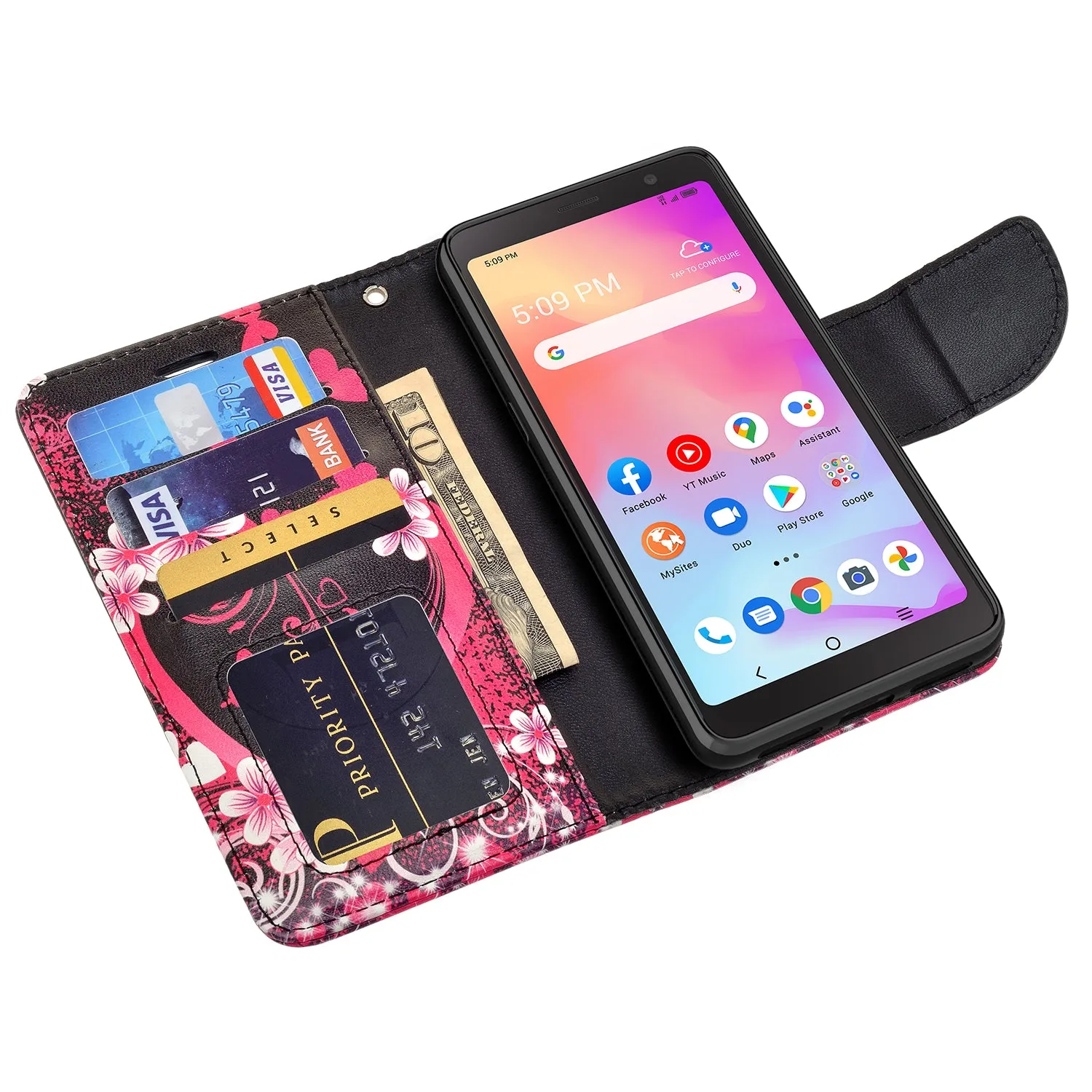 For TCL A3 Case, TCL A3 Wallet Case, Wrist Strap Pu Leather Wallet Case [Kickstand] with ID & Credit Card Slots - Heart Butterflies