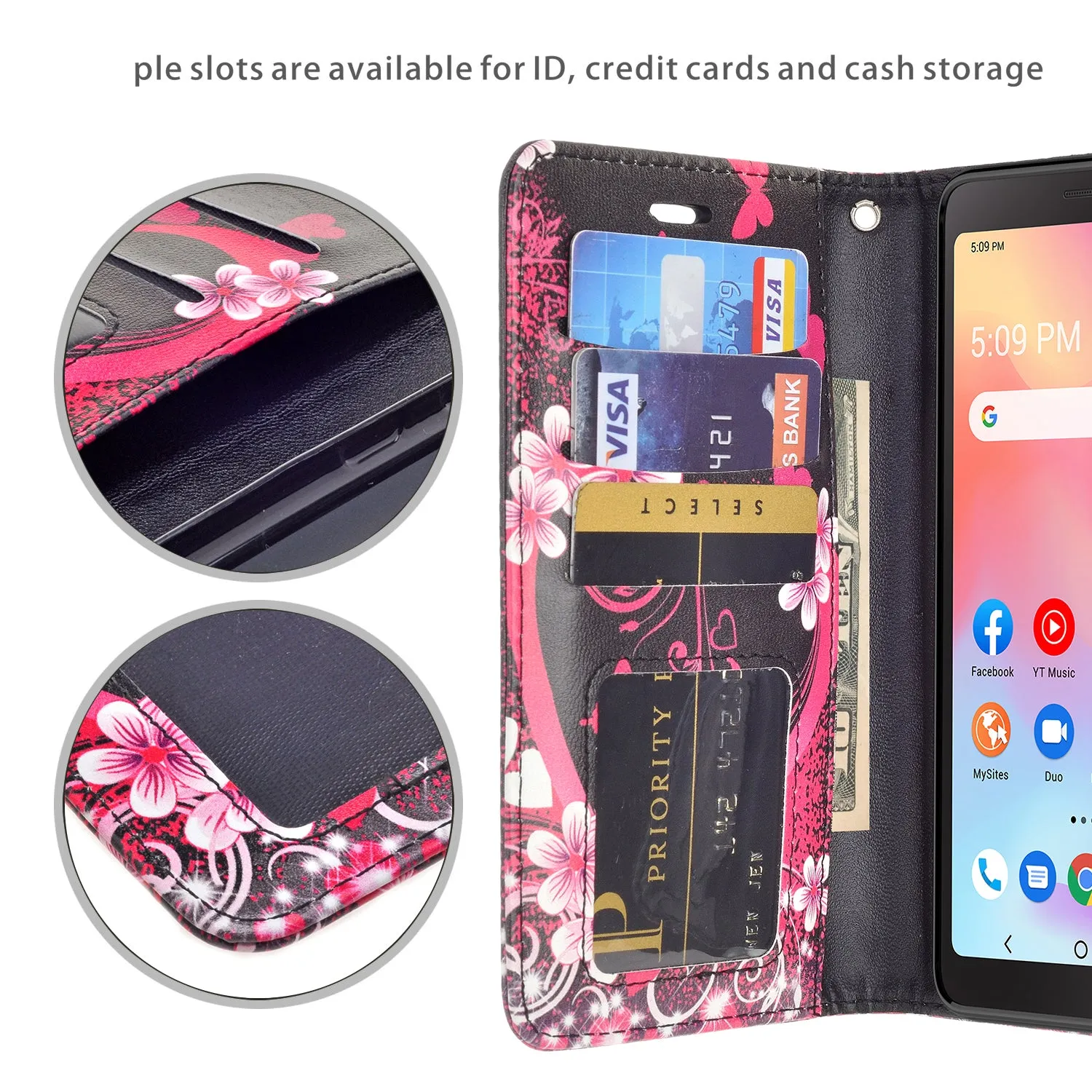 For TCL A3 Case, TCL A3 Wallet Case, Wrist Strap Pu Leather Wallet Case [Kickstand] with ID & Credit Card Slots - Heart Butterflies