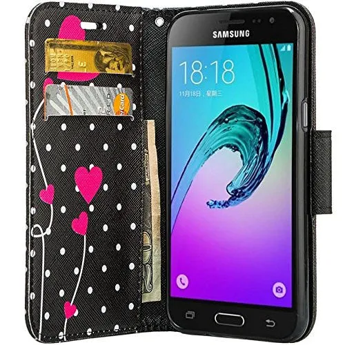 Galaxy J7 2016 Case, Magnetic Fold[Kickstand] Pu Leather Wrist Strap Wallet Case with ID & Credit Card Slot for Samsung Galaxy J7 2016 / J710 - Polka Dot Hearts