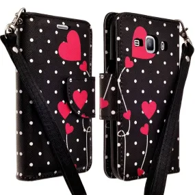 Galaxy J7 2016 Case, Magnetic Fold[Kickstand] Pu Leather Wrist Strap Wallet Case with ID & Credit Card Slot for Samsung Galaxy J7 2016 / J710 - Polka Dot Hearts