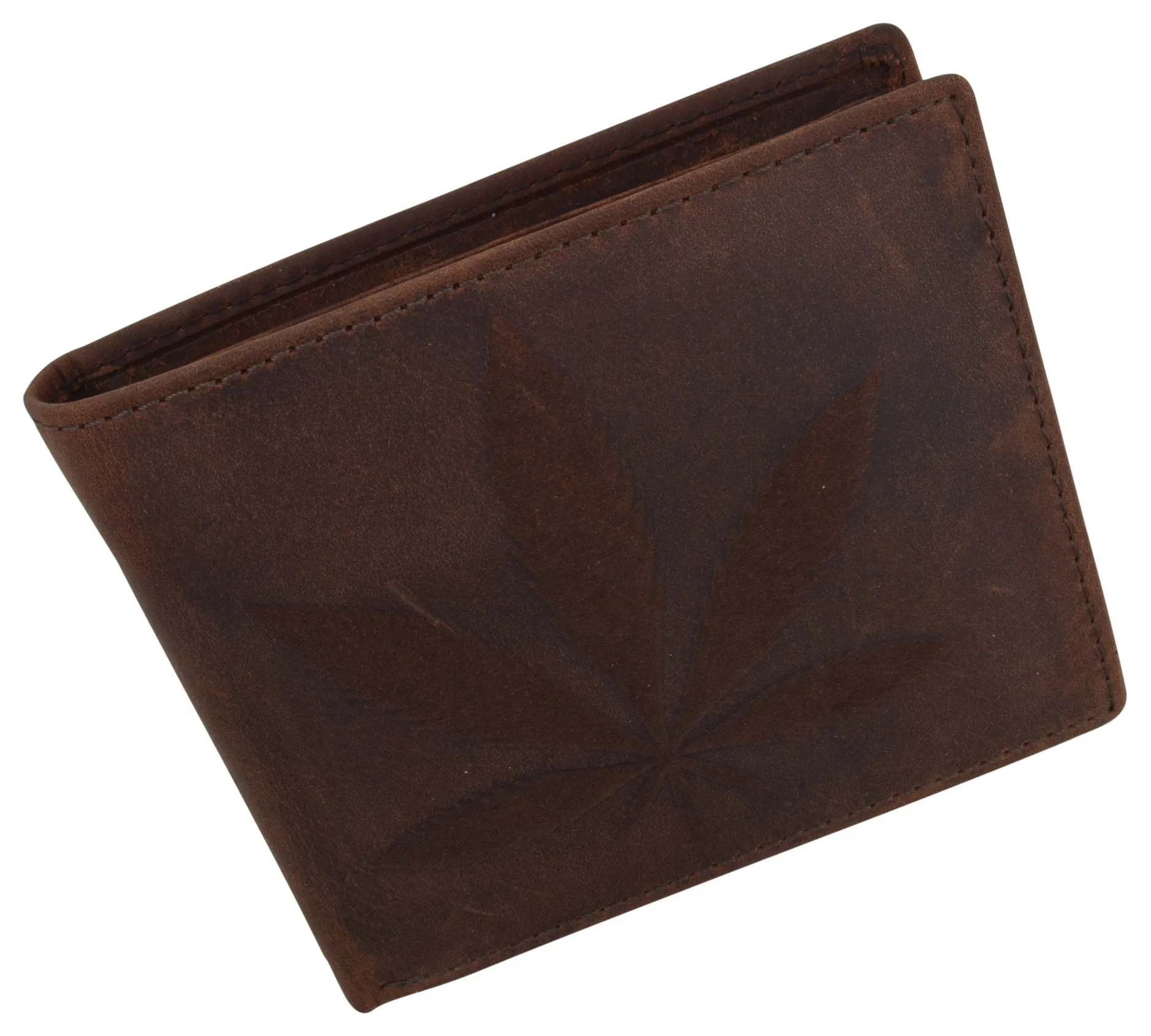 Genuine Leather RFID Bifold Mens Marijuana Leaf Logo Wallet /53HTC Marijuana Leaf