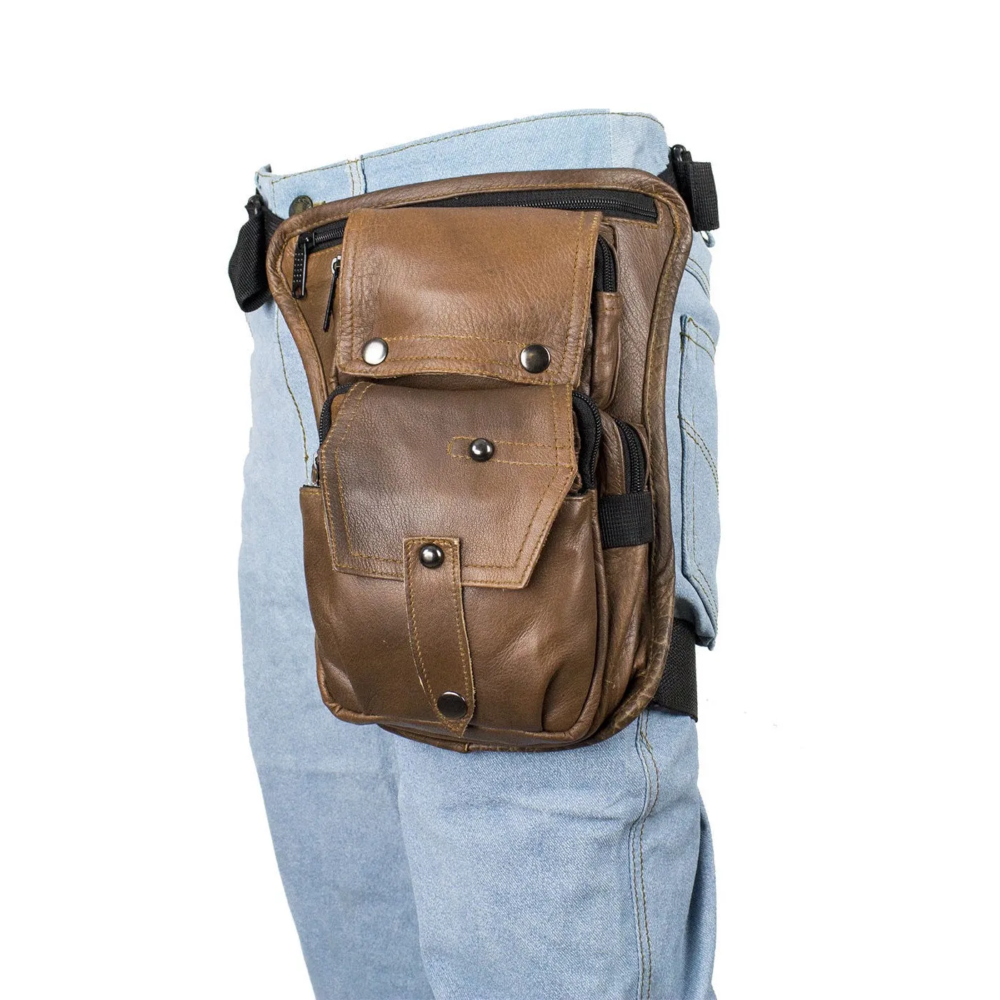 Gun Pocket Brown Leather Multi Pocket Thigh Bag Tactical Leg Bag