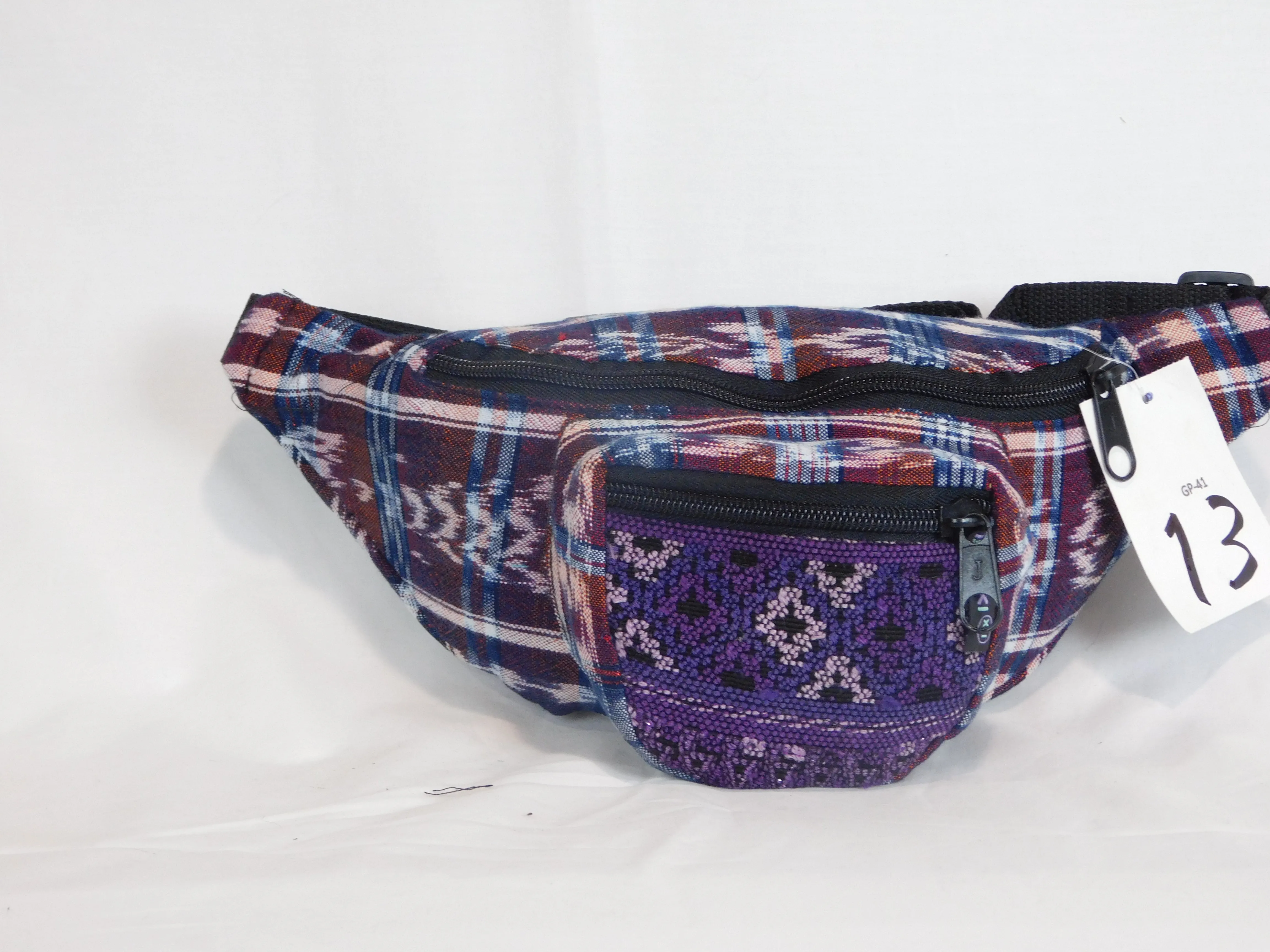 Hand woven waist pack with three pockets & brocade accents