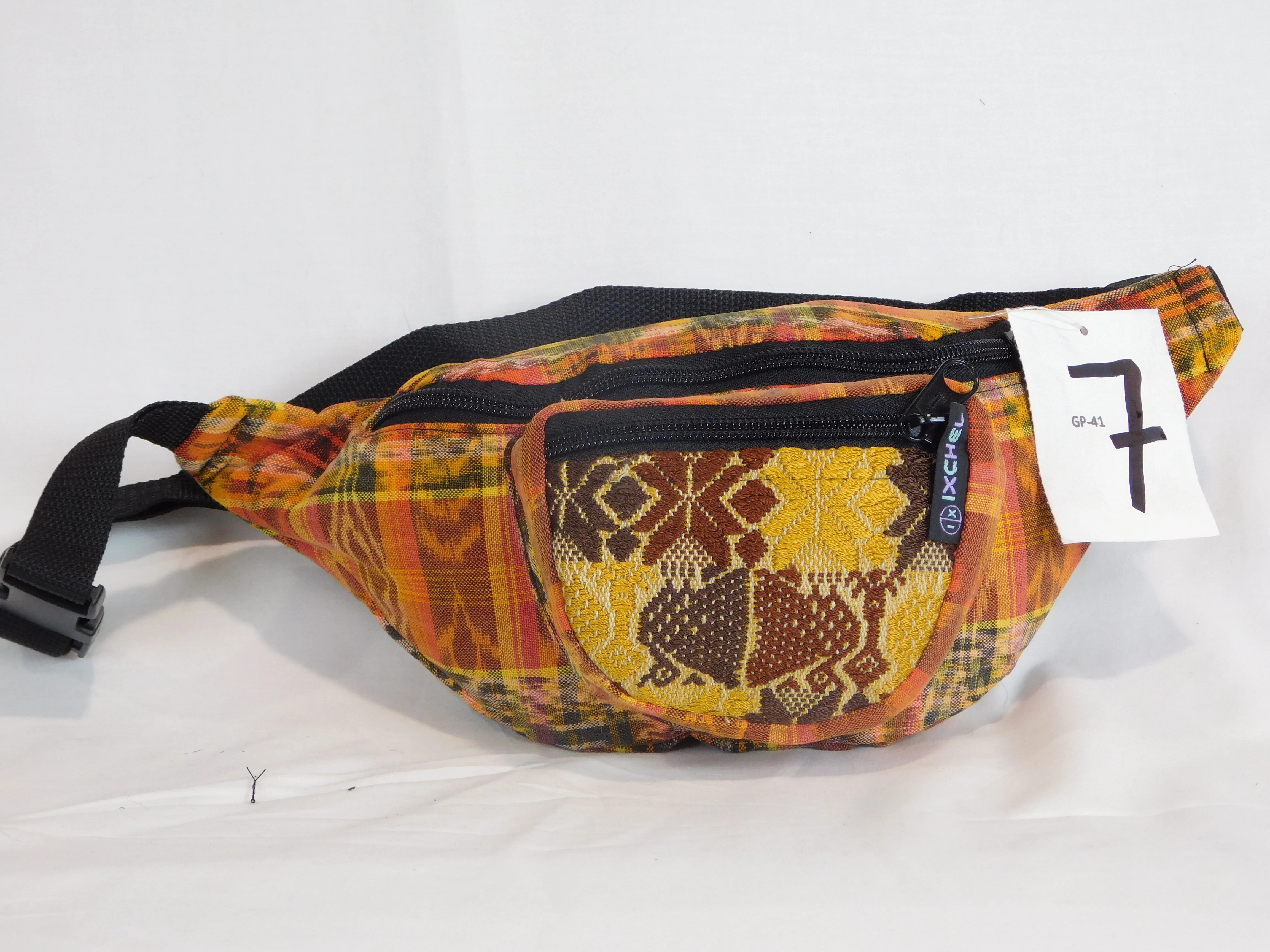 Hand woven waist pack with three pockets & brocade accents