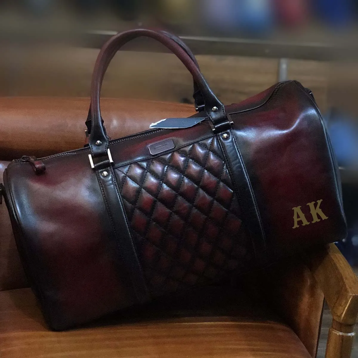 Handmade Wine Leather Duffle Bag Cushioned Stitched with Your Name Initials by Brune & Bareskin