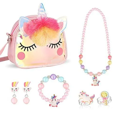 Hifot Unicorn Crossbody Bag Purse with Jewelry Set Little Girls